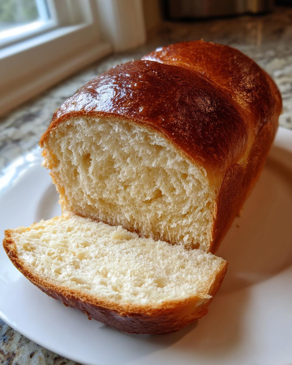 A freshly baked loaf of easy brioche bread, sliced open to show the soft, golden interior and shiny crust.