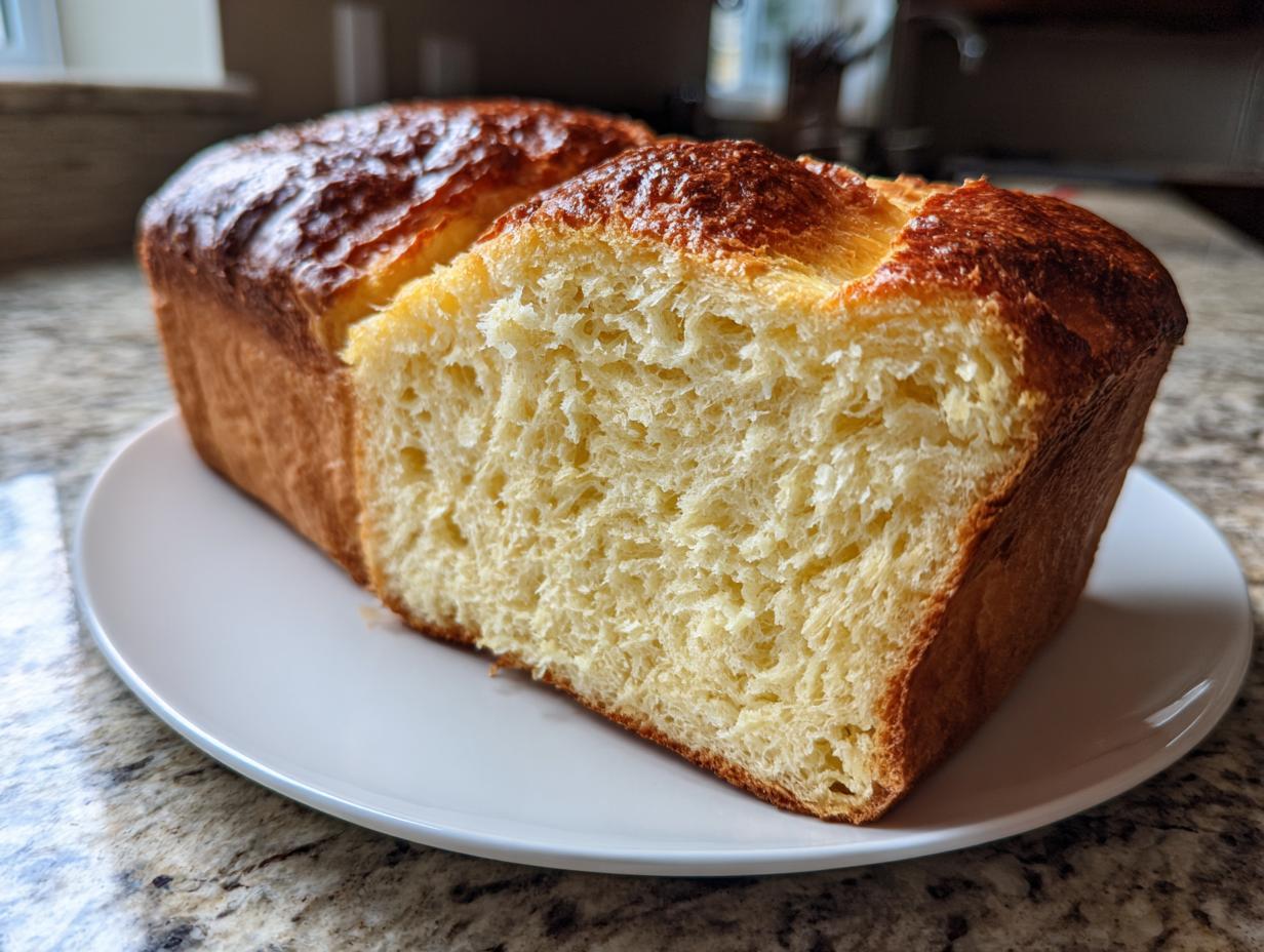 A freshly baked loaf of rich, golden-brown brioche bread, sliced open to show the soft, yellow crumb.