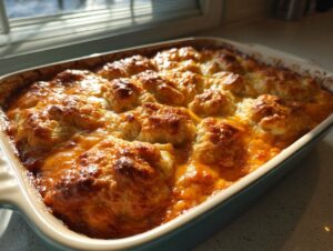 A golden brown, bubbly, and cheesy chicken cobbler baked in a light blue casserole dish, highlighted by sunlight.
