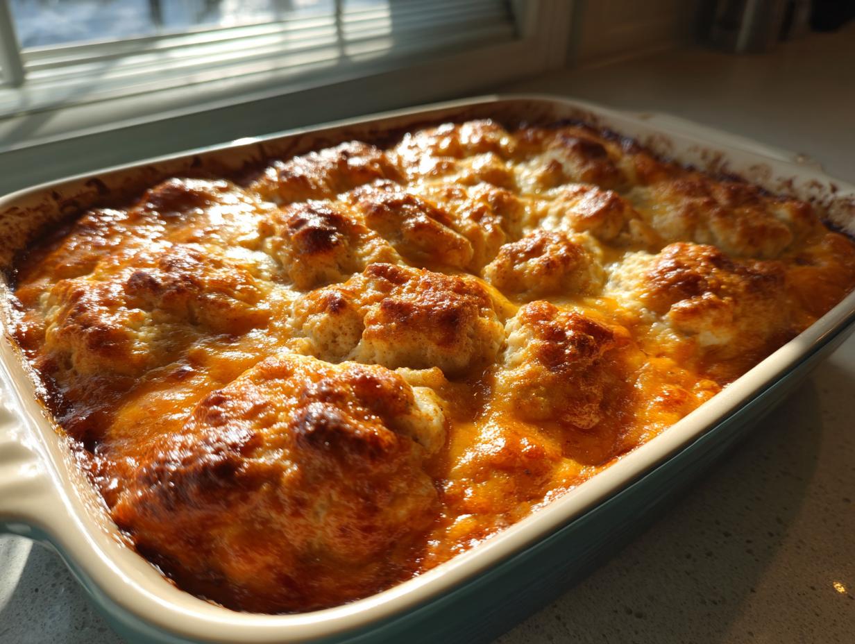 A golden brown, bubbly, and cheesy chicken cobbler baked in a light blue casserole dish, highlighted by sunlight.