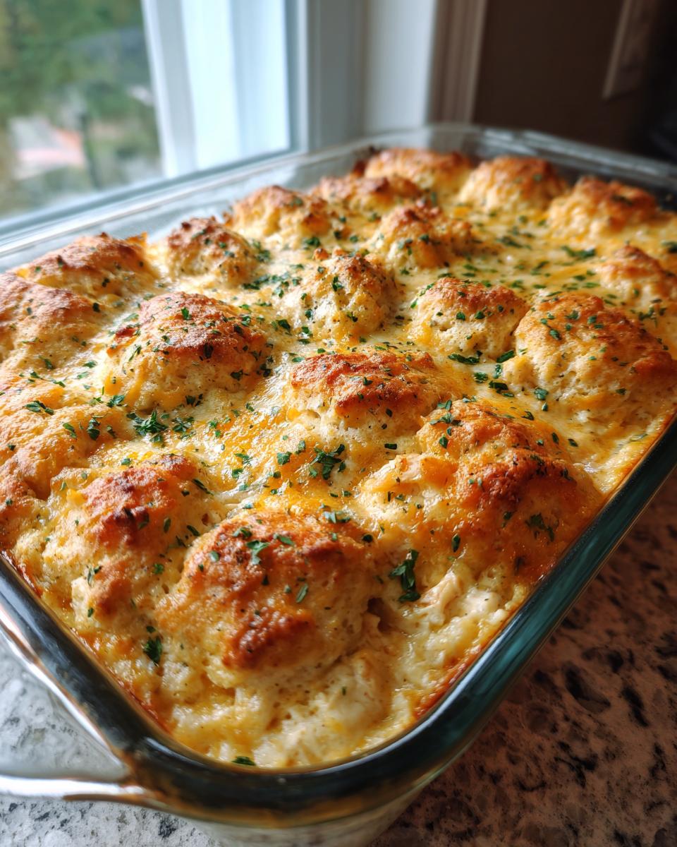 A golden-brown, bubbly chicken cobbler topped with biscuits and melted cheese, garnished with parsley.