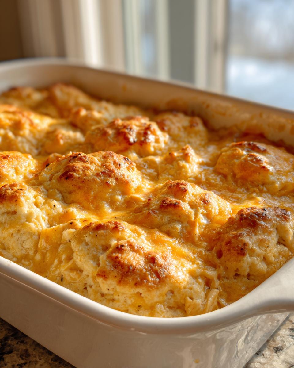 Close-up of a freshly baked chicken cobbler with golden, cheesy biscuit topping in a white baking dish.