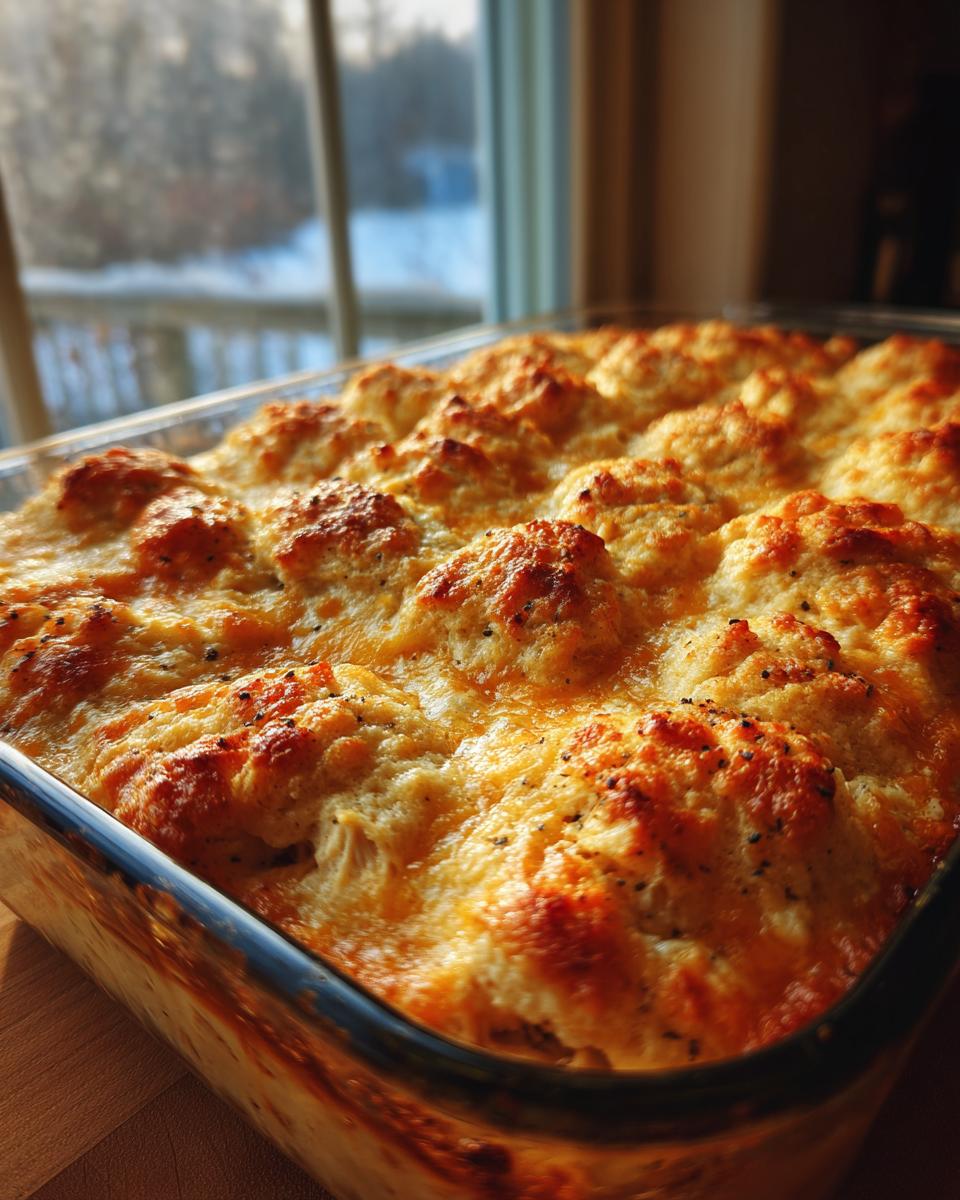 Close-up of a freshly baked chicken cobbler in a glass dish with a golden, cheesy biscuit topping.