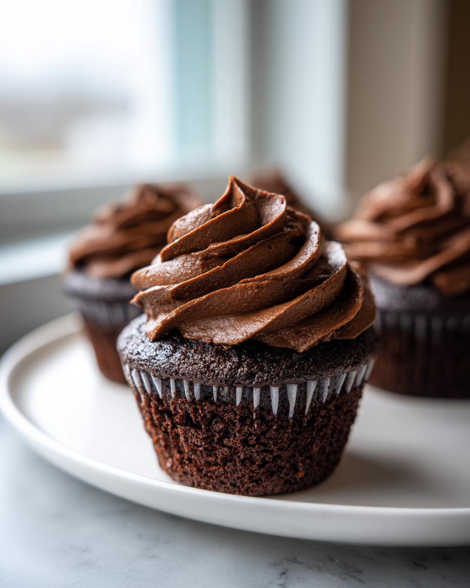 A close-up of one rich, dark chocolate cupcake topped with perfectly swirled chocolate frosting, part of a batch of easy chocolate cupcakes.