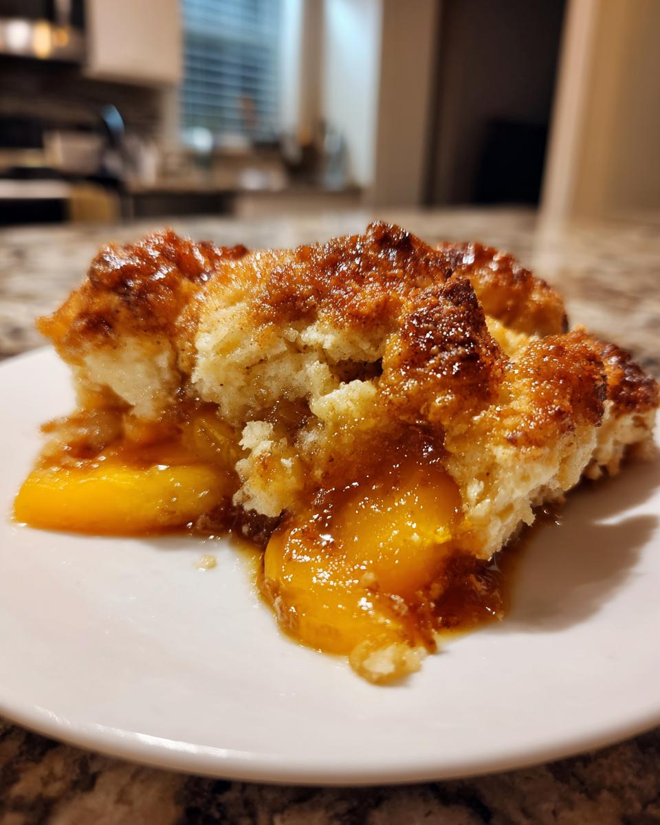 Close-up of a warm serving of Southern Peach cobbler showing syrupy peaches and a golden, caramelized biscuit topping.