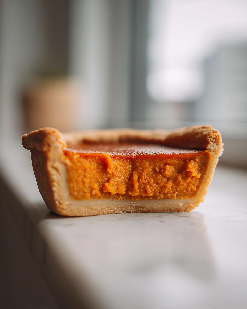 A close-up cross-section showing the creamy filling and crust of an easy pumpkin pie.