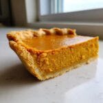 A close-up side view of a perfect slice of easy pumpkin pie showing the creamy filling and golden crust.