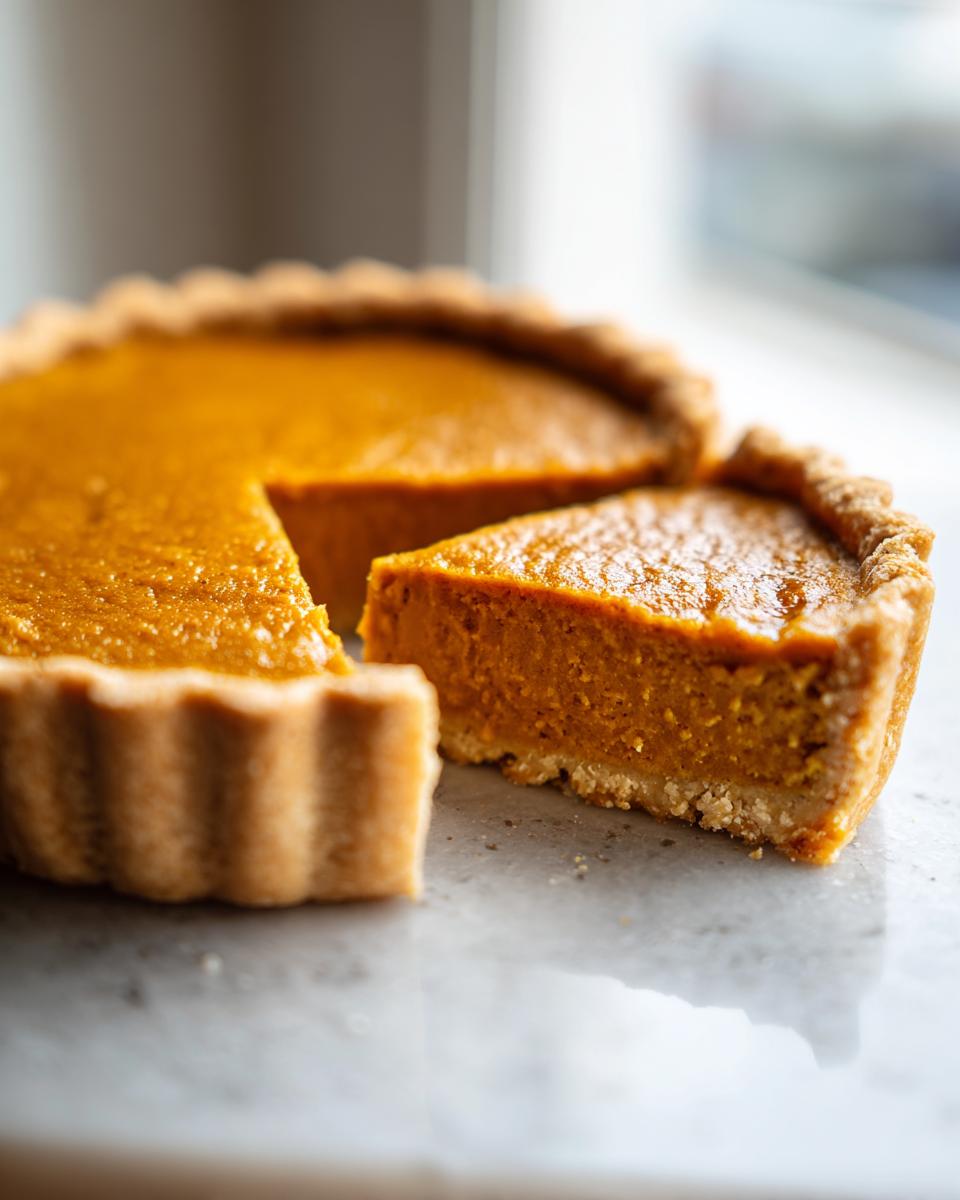 Close-up of a rich orange slice of easy pumpkin pie next to the main pie on a white marble surface.