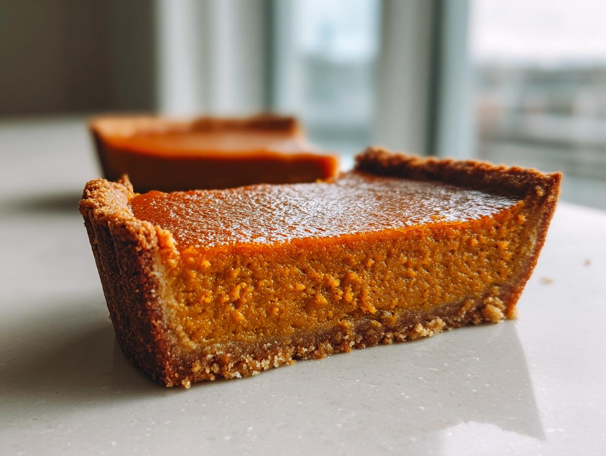 Close-up of a thick slice of easy pumpkin pie featuring a rich orange filling and a textured crumb crust.