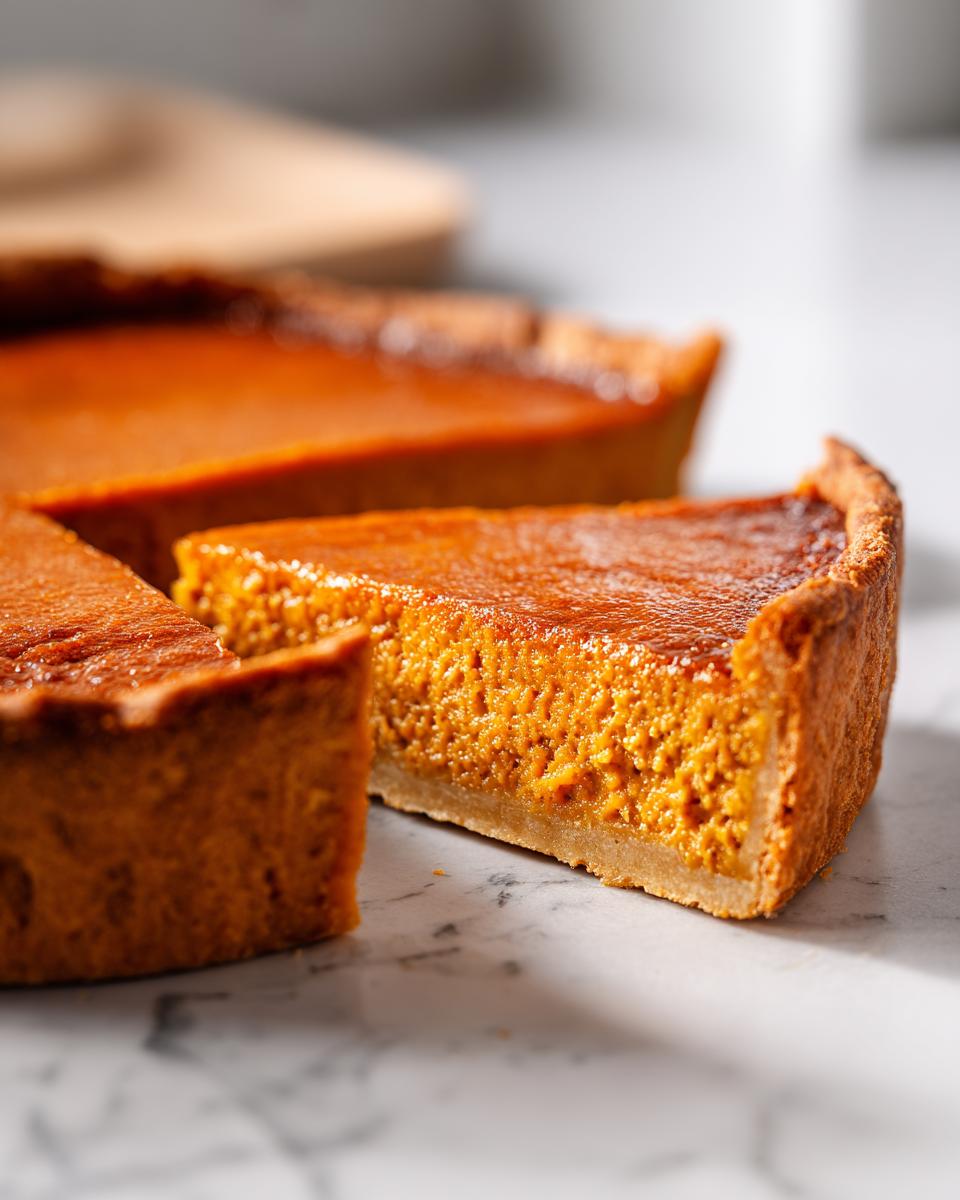 Close-up of a slice of easy pumpkin pie with a thick, textured orange filling and golden crust on a marble surface.
