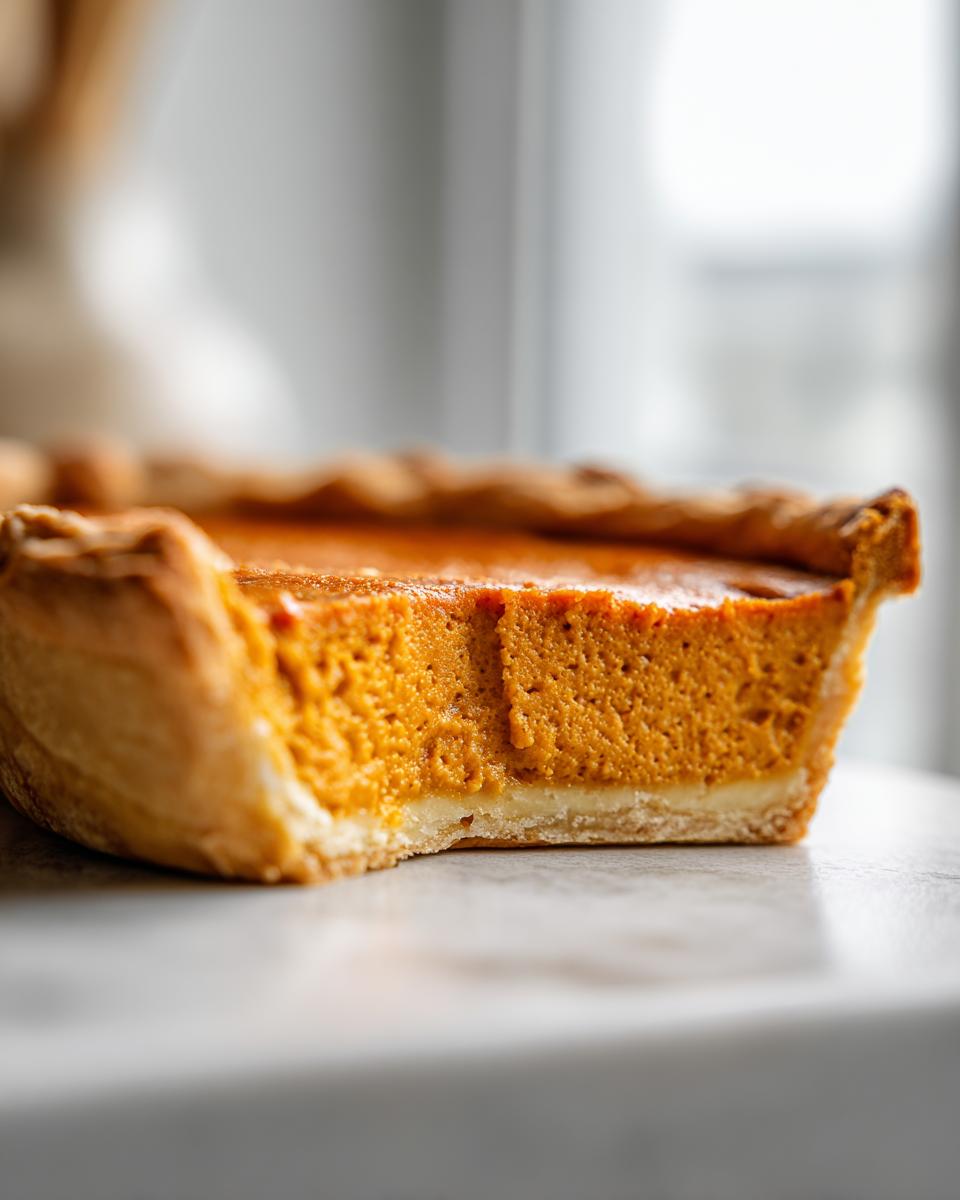 A close-up cross-section of a slice of easy pumpkin pie showing the creamy orange filling and golden crust.