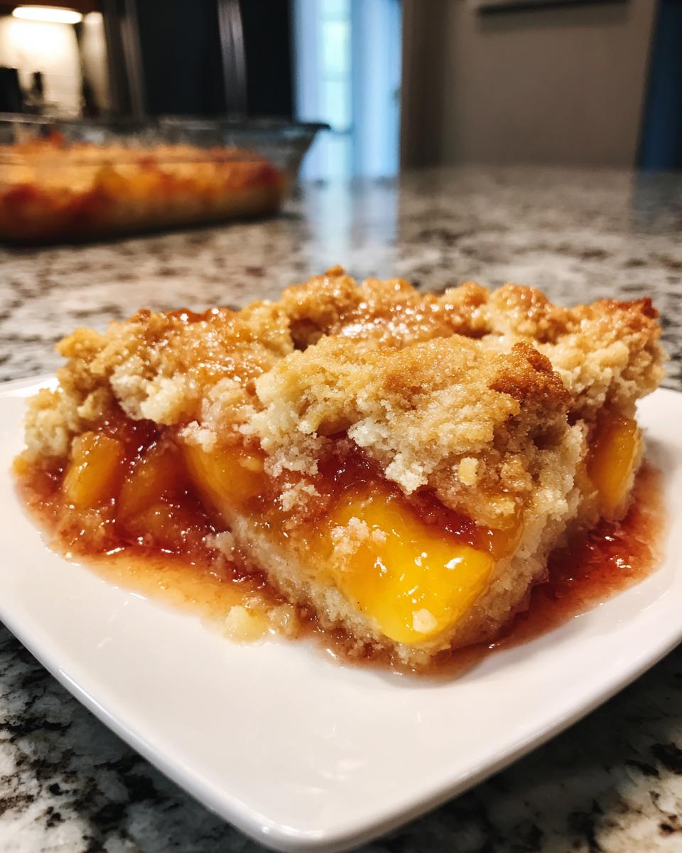 Close-up of a warm slice of Southern Peach cobbler with juicy peaches and a golden crumb topping on a white plate.