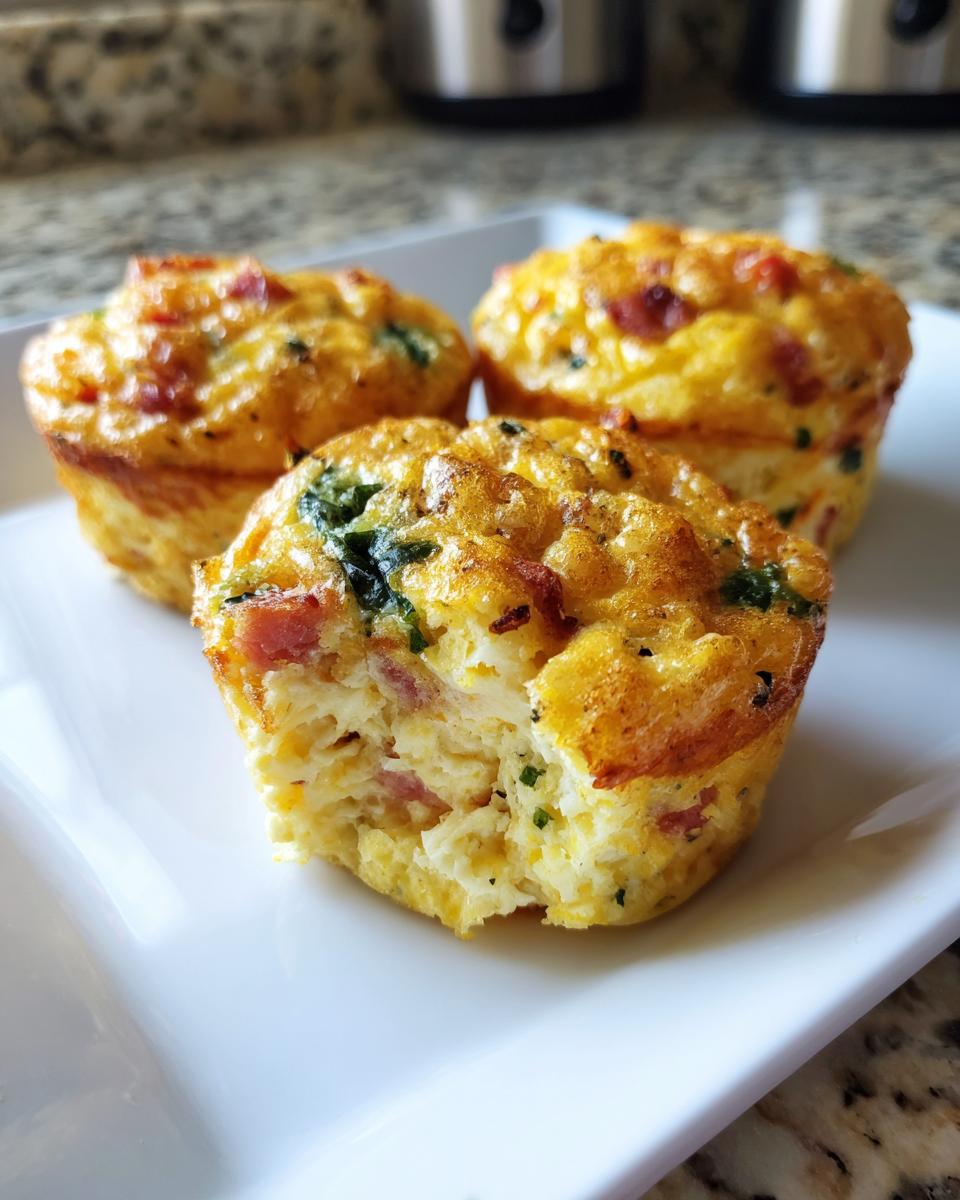 Three golden-brown Egg Muffin Cups on a white plate, one is broken open showing ham and spinach filling.