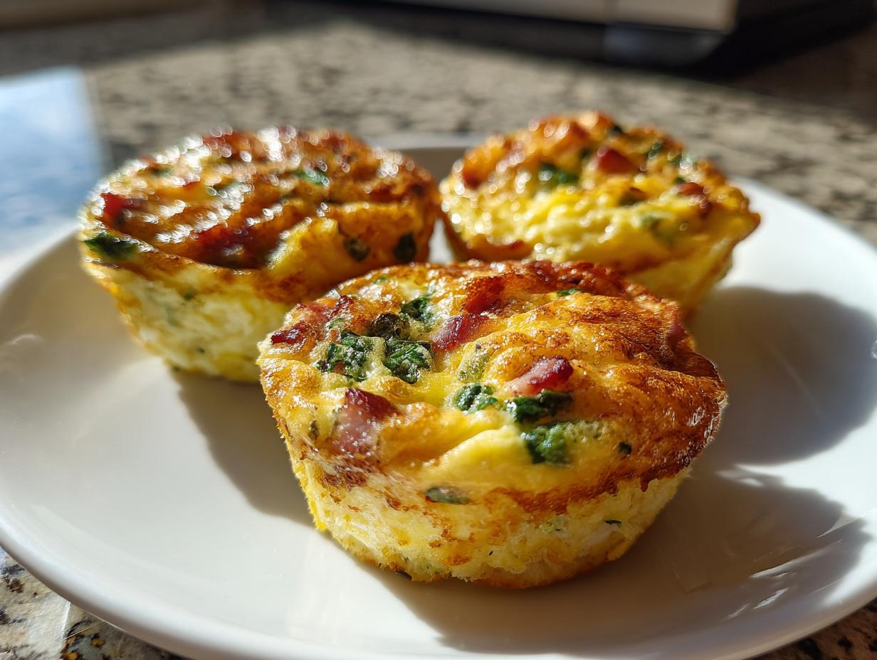 Three freshly baked Egg Muffin Cups with bacon and spinach served on a white plate, golden brown on top.