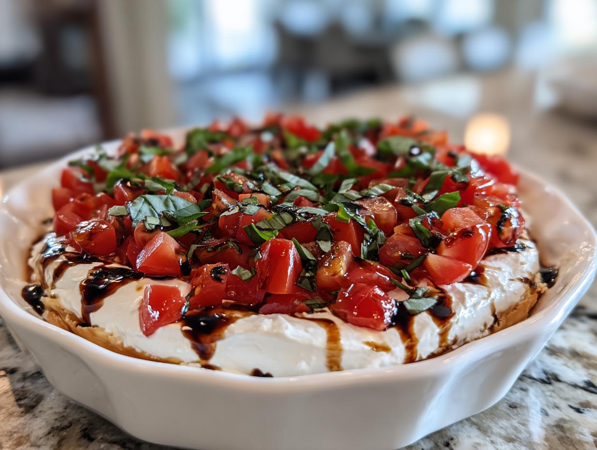 A close-up of a creamy, layered bruschetta dip topped with diced tomatoes, fresh basil, and balsamic glaze.