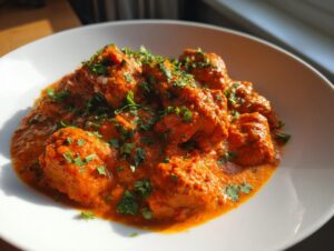 Close-up of rich, orange-red butter chicken pieces generously garnished with fresh chopped cilantro.