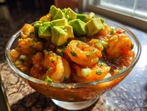 A vibrant glass bowl filled with Mexican shrimp cocktail, featuring shrimp in a rich sauce, topped generously with diced avocado.