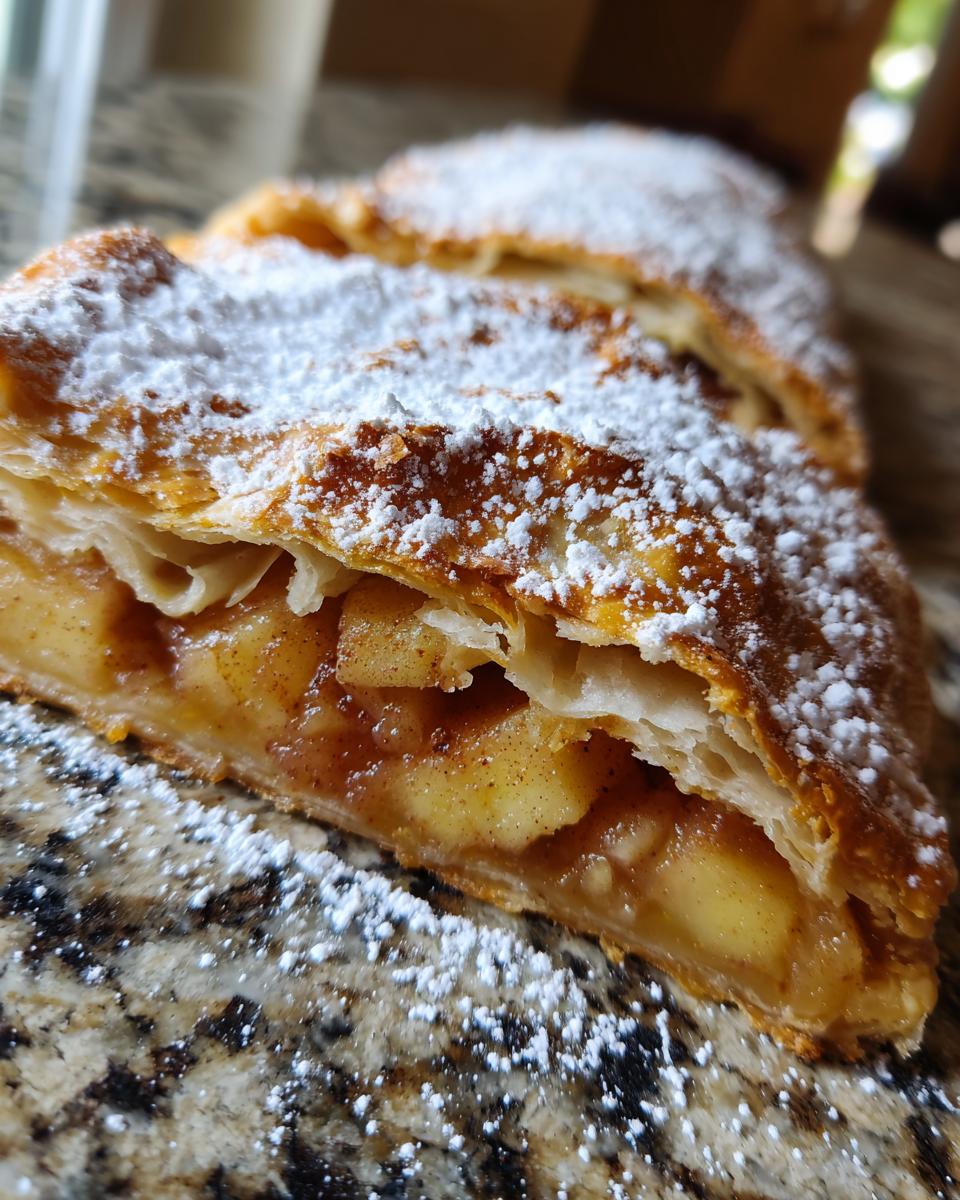 Close-up of a flaky baked apple strudel slice filled with cinnamon apples and dusted heavily with powdered sugar.