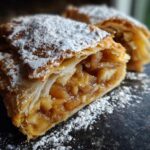 A close-up, appetizing slice of flaky apple strudel generously dusted with powdered sugar.
