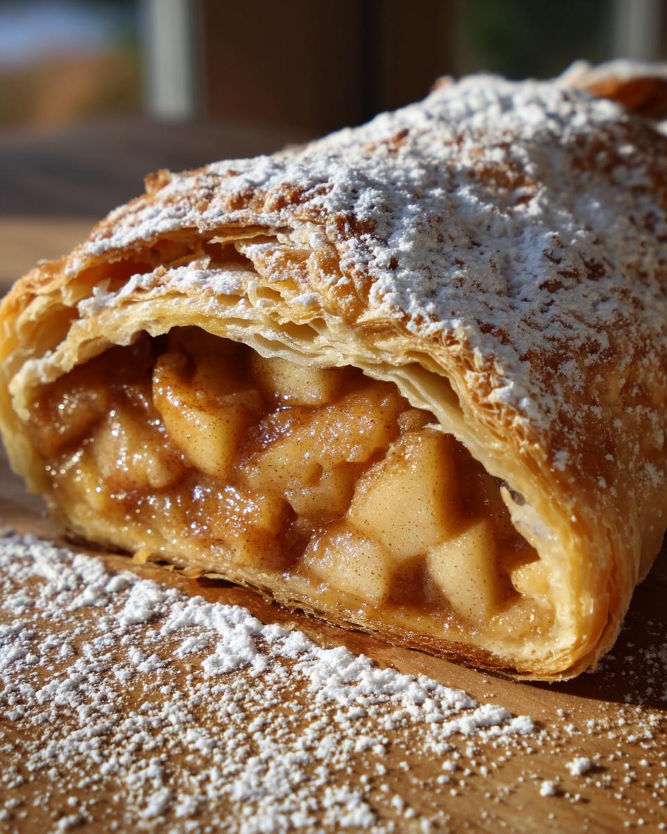 Close-up of a freshly baked apple strudel slice showing flaky pastry and cinnamon apple filling, dusted with powdered sugar.