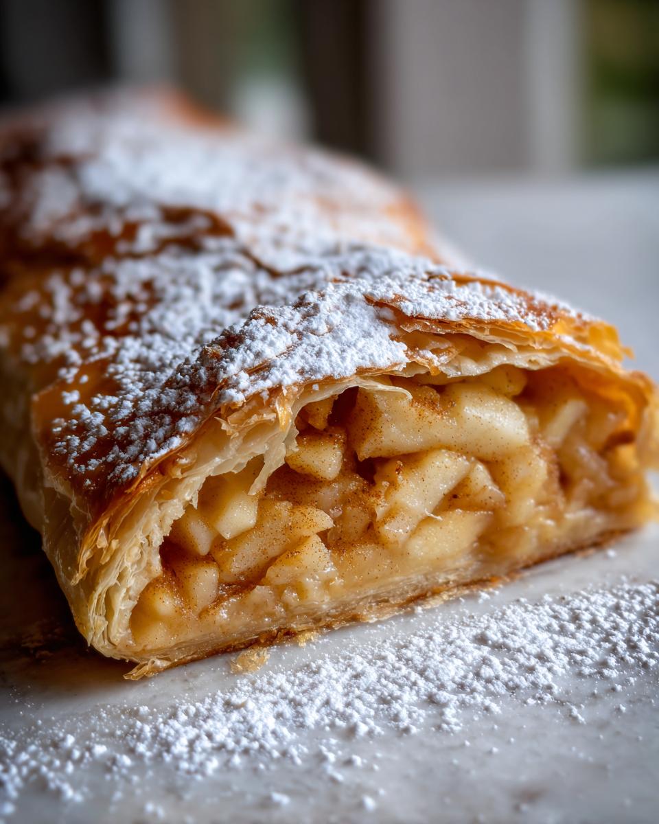 Close-up of a flaky pastry apple strudel slice filled with spiced apples and dusted heavily with powdered sugar.