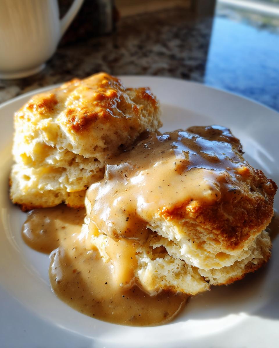 Two fluffy, golden biscuits smothered in creamy, peppered sausage gravy for classic biscuits and gravy.