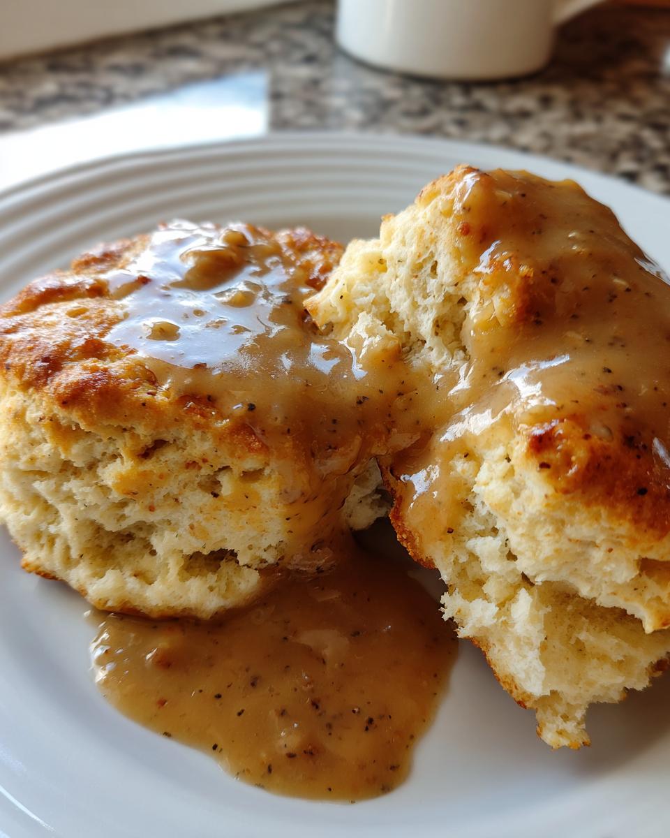 Close-up of fluffy, split biscuits smothered in creamy, peppered sausage gravy, the perfect biscuits and gravy.
