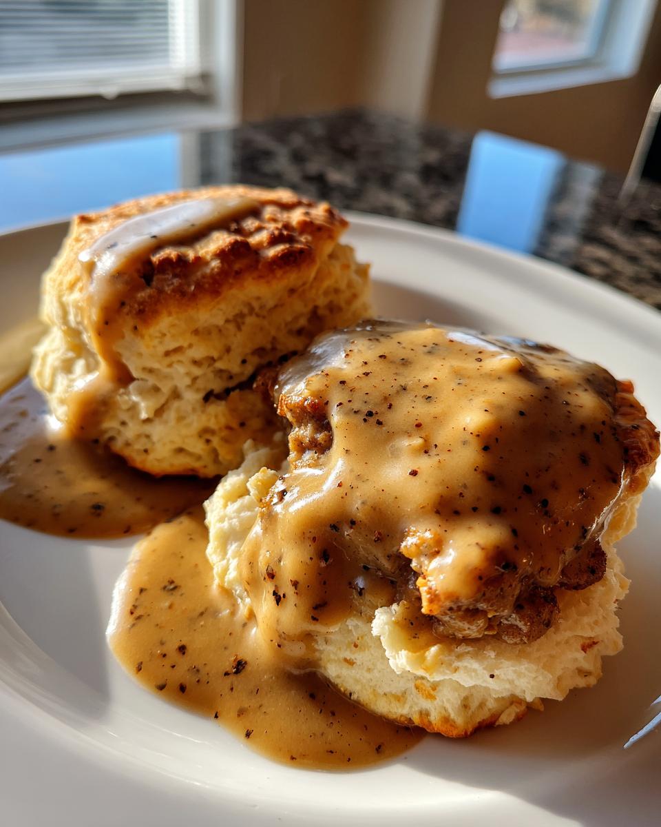 Two fluffy biscuits smothered in rich, peppery sausage gravy, a classic serving of biscuits and gravy.