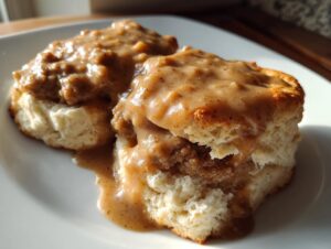 Two fluffy, split biscuits generously smothered in creamy brown sausage gravy, a classic biscuits and gravy dish.