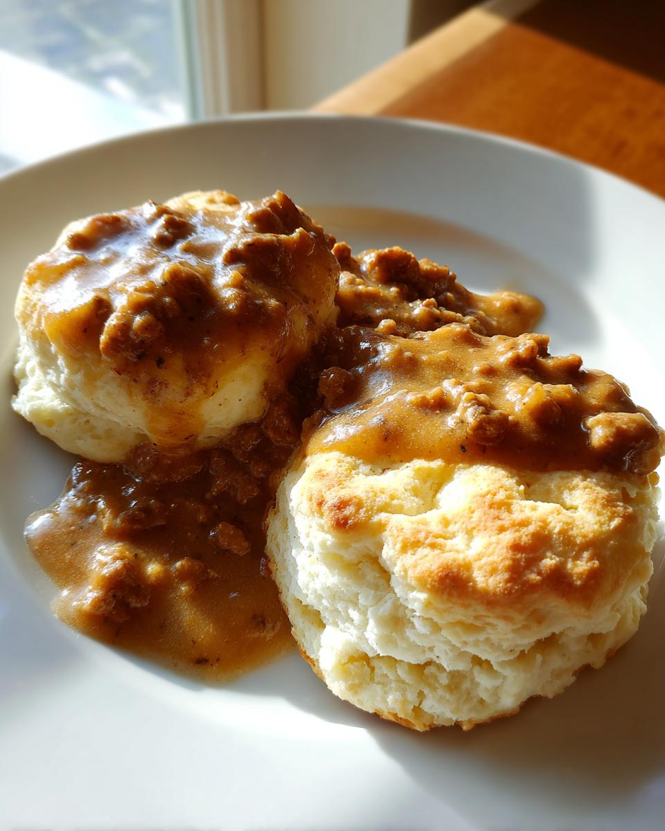 Two fluffy, golden biscuits generously topped with savory sausage gravy, ready to eat for breakfast.