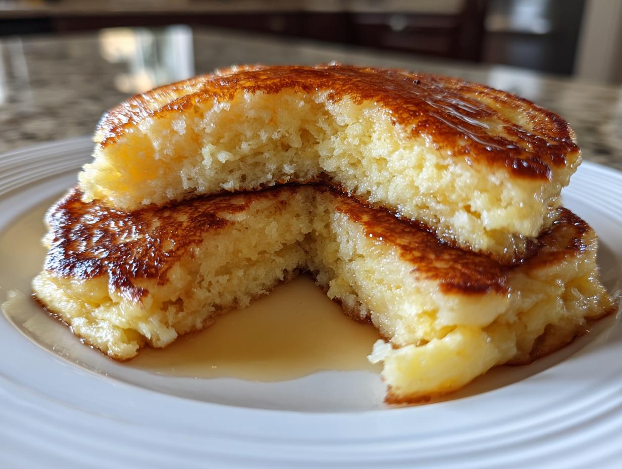 Close-up of fluffy buttermilk pancakes cut in half, showing the airy interior and drizzled with syrup.