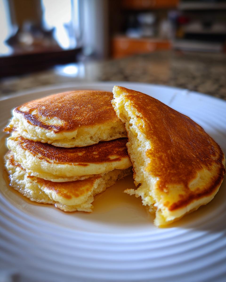 A stack of three fluffy buttermilk pancakes, one broken open to show the texture, drizzled with syrup.