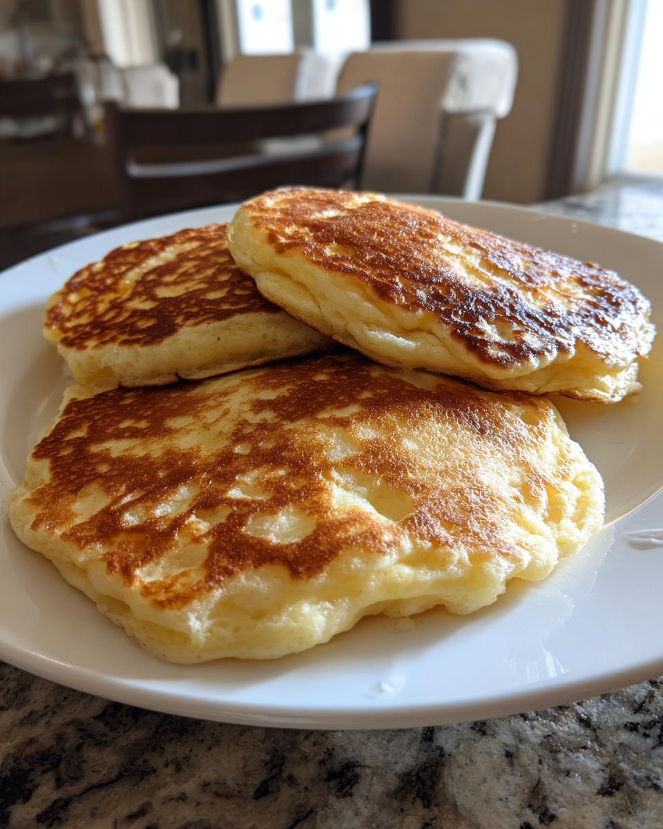 Three thick, fluffy buttermilk pancakes with golden-brown tops stacked on a white plate.