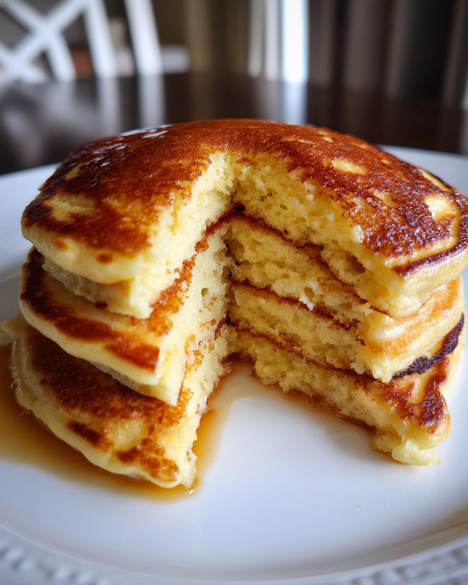 A stack of four fluffy buttermilk pancakes with a piece cut out, showing the airy interior and drizzled with syrup.