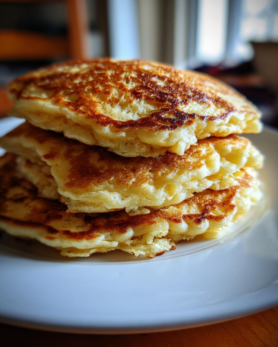 A close-up stack of three golden brown, fluffy buttermilk pancakes on a white plate.