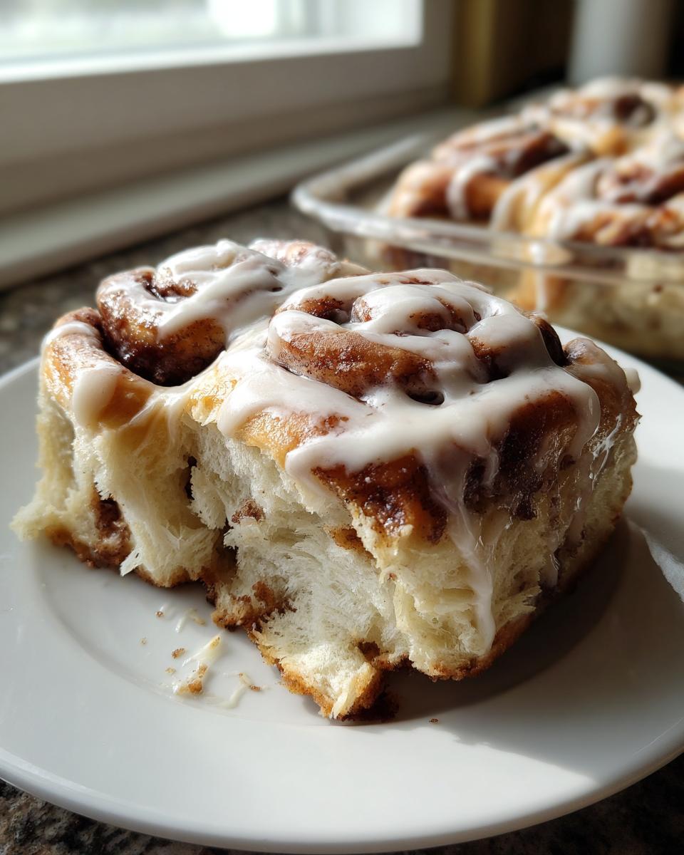 A close-up of a fluffy, freshly baked cinnamon roll topped with thick white icing, sitting on a white plate.