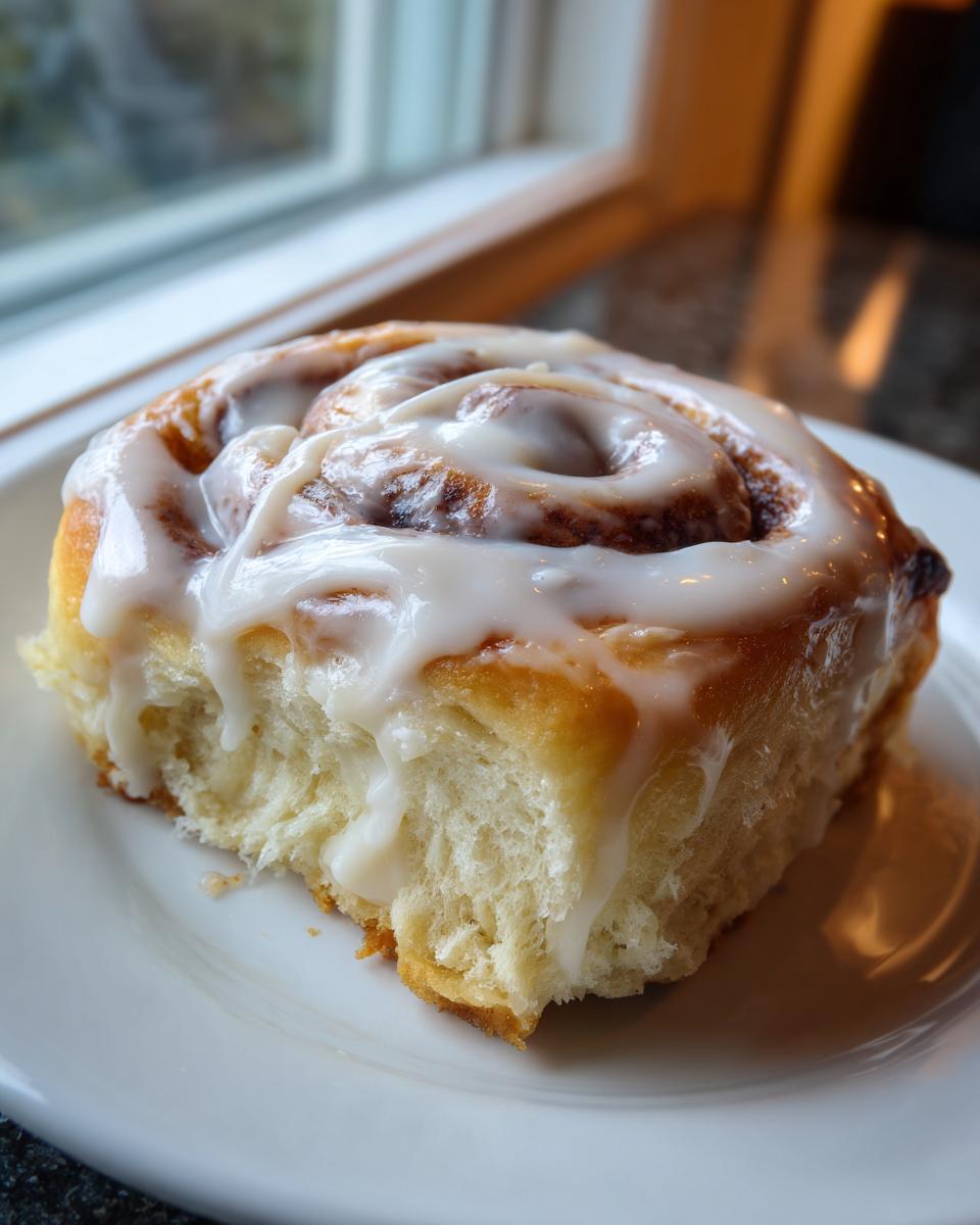 A close-up of a soft, fluffy cinnamon roll generously topped with white icing, sitting on a white plate.