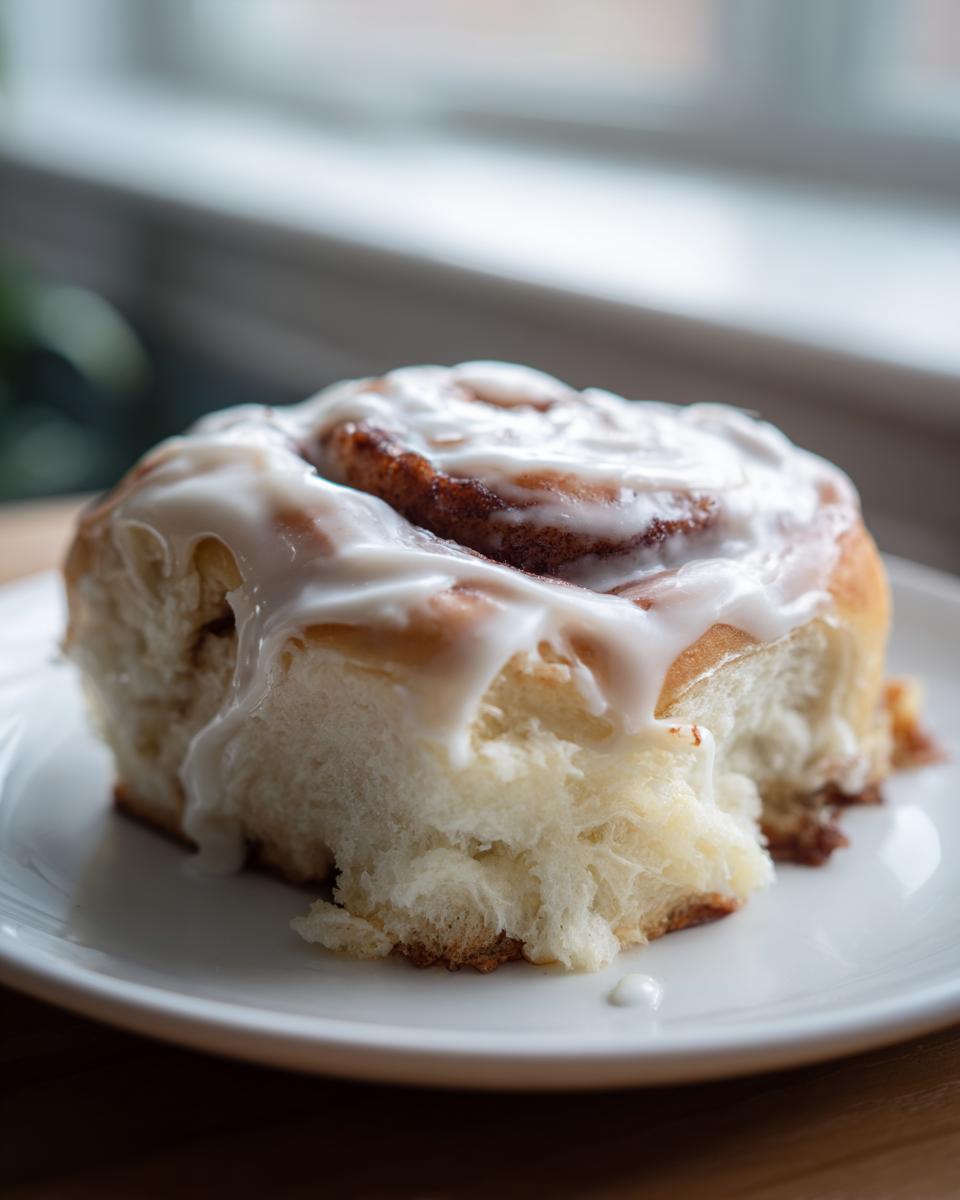 A close-up of a single, fluffy cinnamon roll generously topped with white icing, sitting on a white plate.