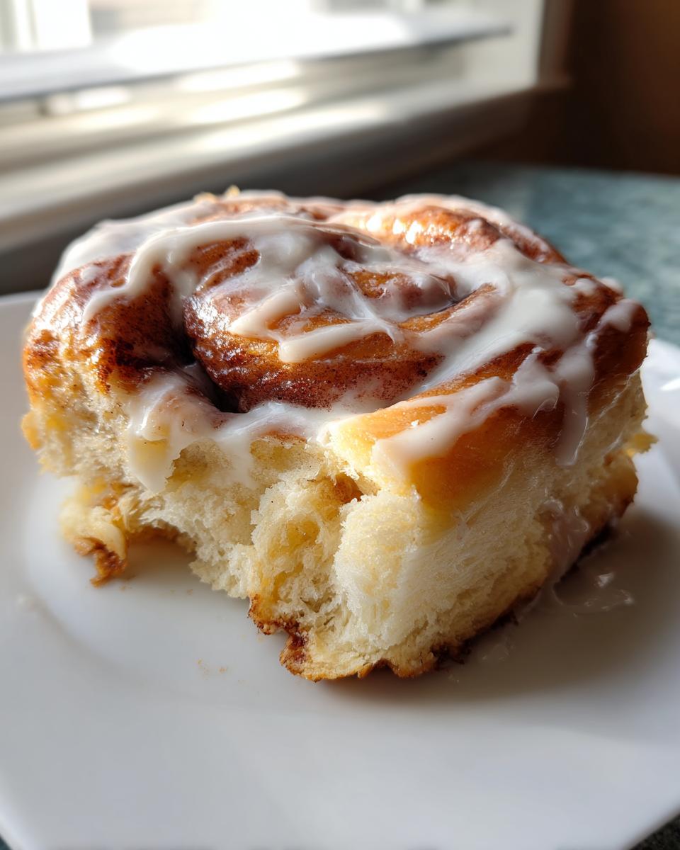 A close-up of a soft, fluffy cinnamon roll with a bite taken out, drizzled generously with white icing.