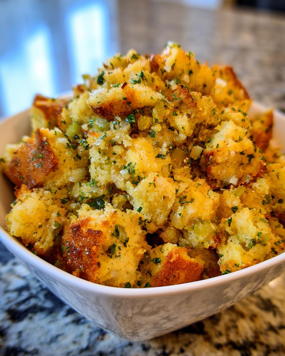 Close-up of fluffy, golden crock pot stuffing mixed with celery and parsley in a white serving bowl.