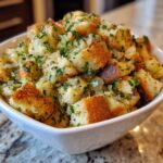 A close-up of fluffy, herb-seasoned bread cubes in a white bowl, showing the texture of the crock pot stuffing.