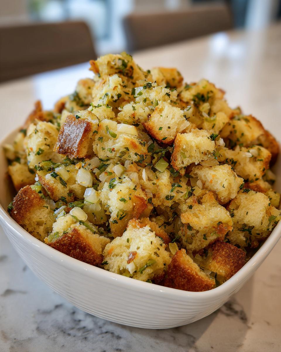 Close-up of fluffy, herb-seasoned bread cubes in a white bowl, ready-to-serve crock pot stuffing.