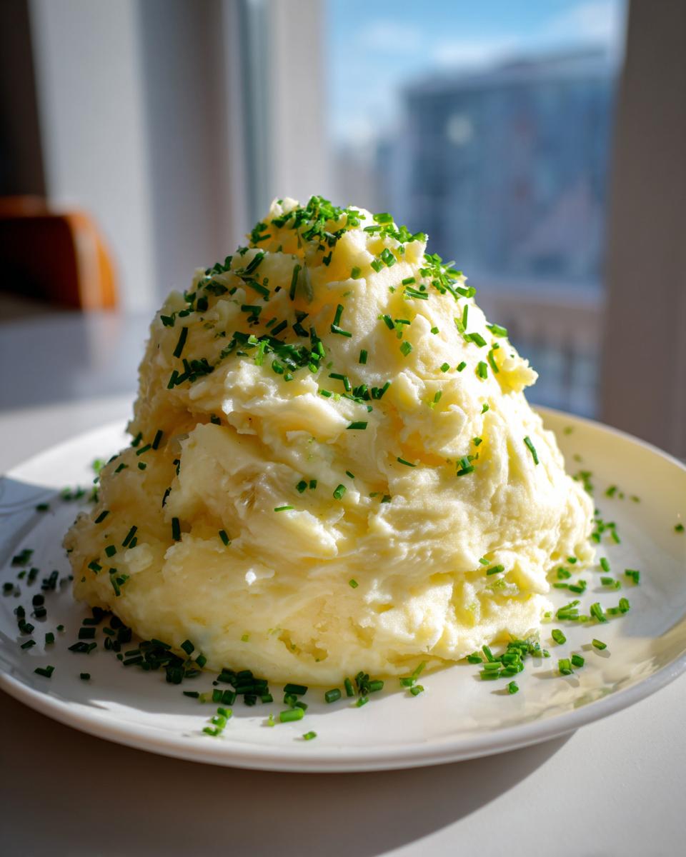 A large mound of creamy garlic mashed potatoes topped generously with fresh green chives on a white plate.