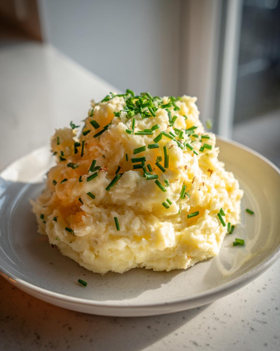 A generous serving of creamy garlic mashed potatoes piled high on a plate and garnished with fresh chopped chives.