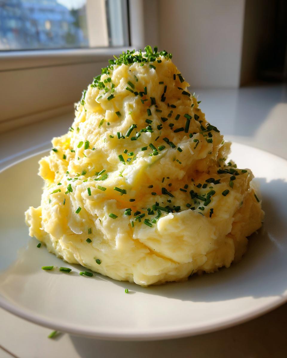 A tall mound of creamy garlic mashed potatoes generously topped with fresh, chopped chives on a white plate.