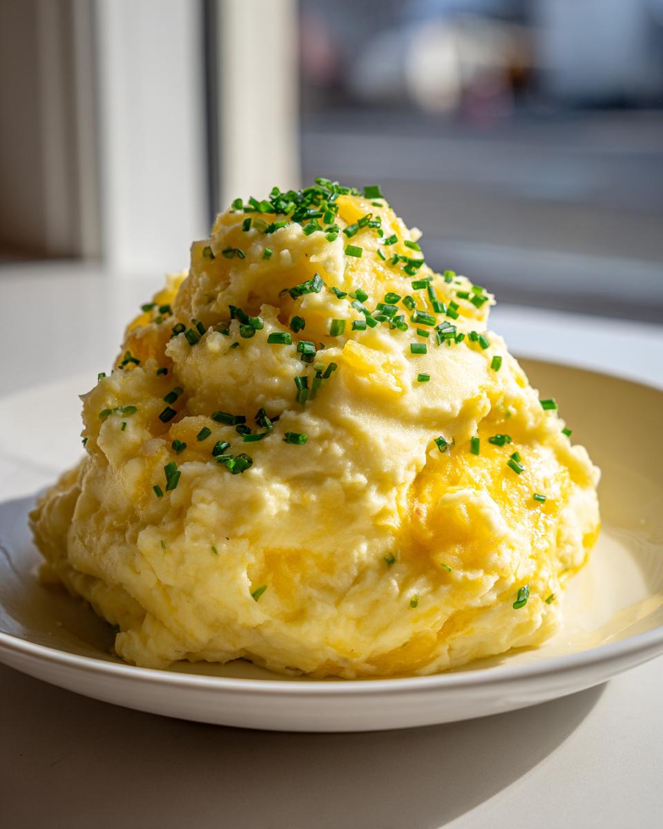 A tall mound of creamy garlic mashed potatoes topped with melted butter and fresh chopped chives.