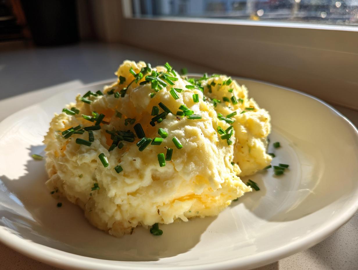 A serving of fluffy garlic mashed potatoes topped generously with freshly chopped green chives on a white plate.