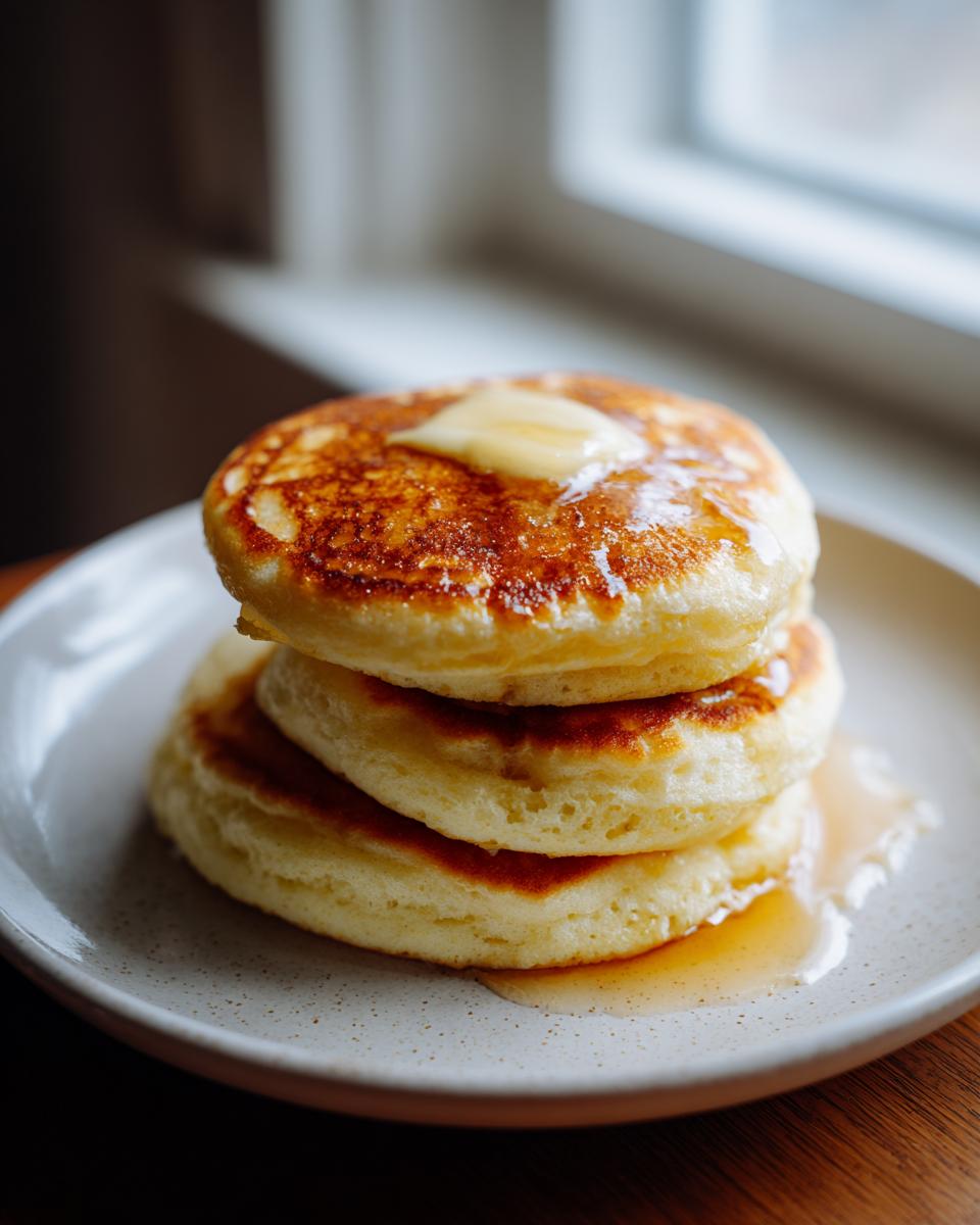 A stack of three thick, fluffy old fashioned pancakes topped with melting butter and syrup.