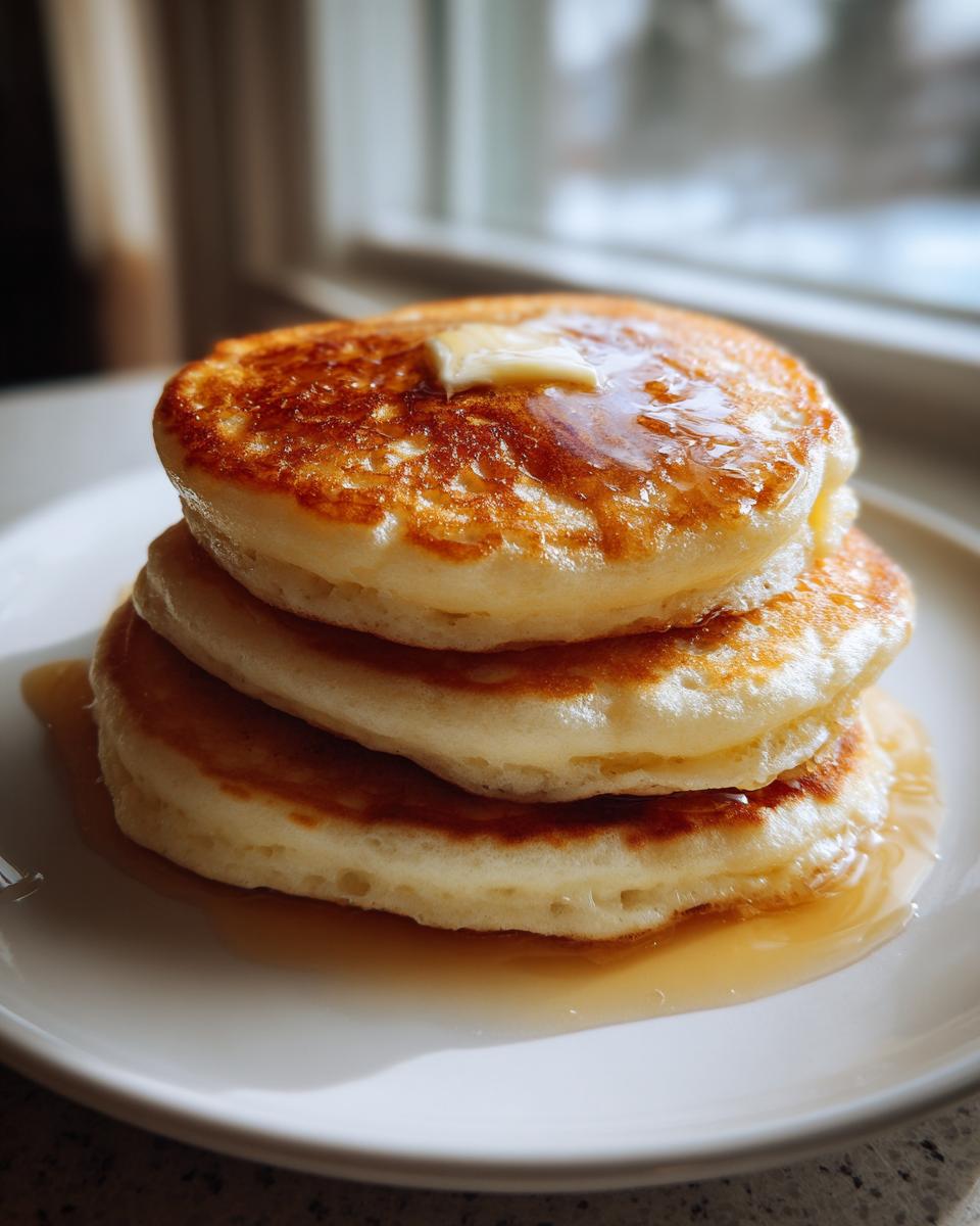 A tall stack of three fluffy old fashioned pancakes topped with melting butter and syrup.