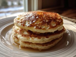 A stack of three golden brown old fashioned pancakes drizzled with syrup, sitting on a white plate.